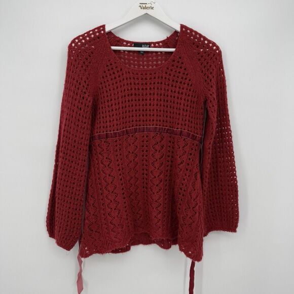 A New Approach Red Knit Long Sleeve Sheer Sweater Velour Ribbon Bow Size Small - Picture 1 of 9
